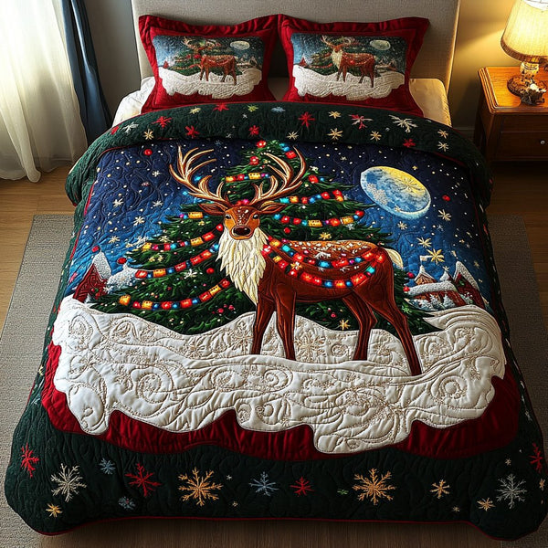 Frosty Trails quilted 3-piece bedding set on a made bed in a winter-styled bedroom