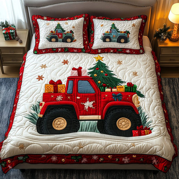 Frosty Trails Truck quilted 3-piece bedding set on a made bed in a winter-styled bedroom