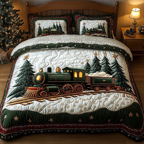 Frosty Train quilted 3-piece bedding set on a made bed in a winter-styled bedroom