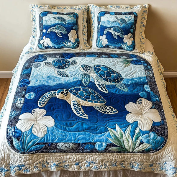 Frosty Waters quilted 3-piece bedding set on a made bed in a winter-styled bedroom