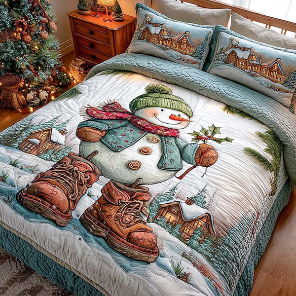 Frosty Welcome quilted 3-piece bedding set on a made bed in a winter-styled bedroom