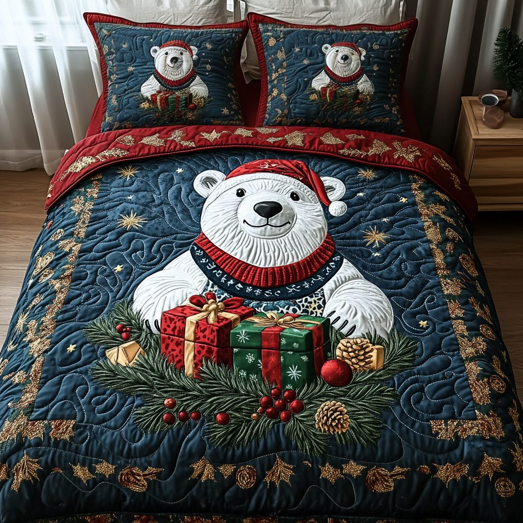 Frosty Whiskers quilted 3-piece bedding set on a made bed in a winter-styled bedroom