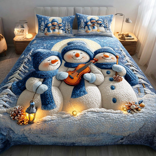 Frosty Winter Joy quilted 3-piece bedding set on a made bed in a winter-styled bedroom