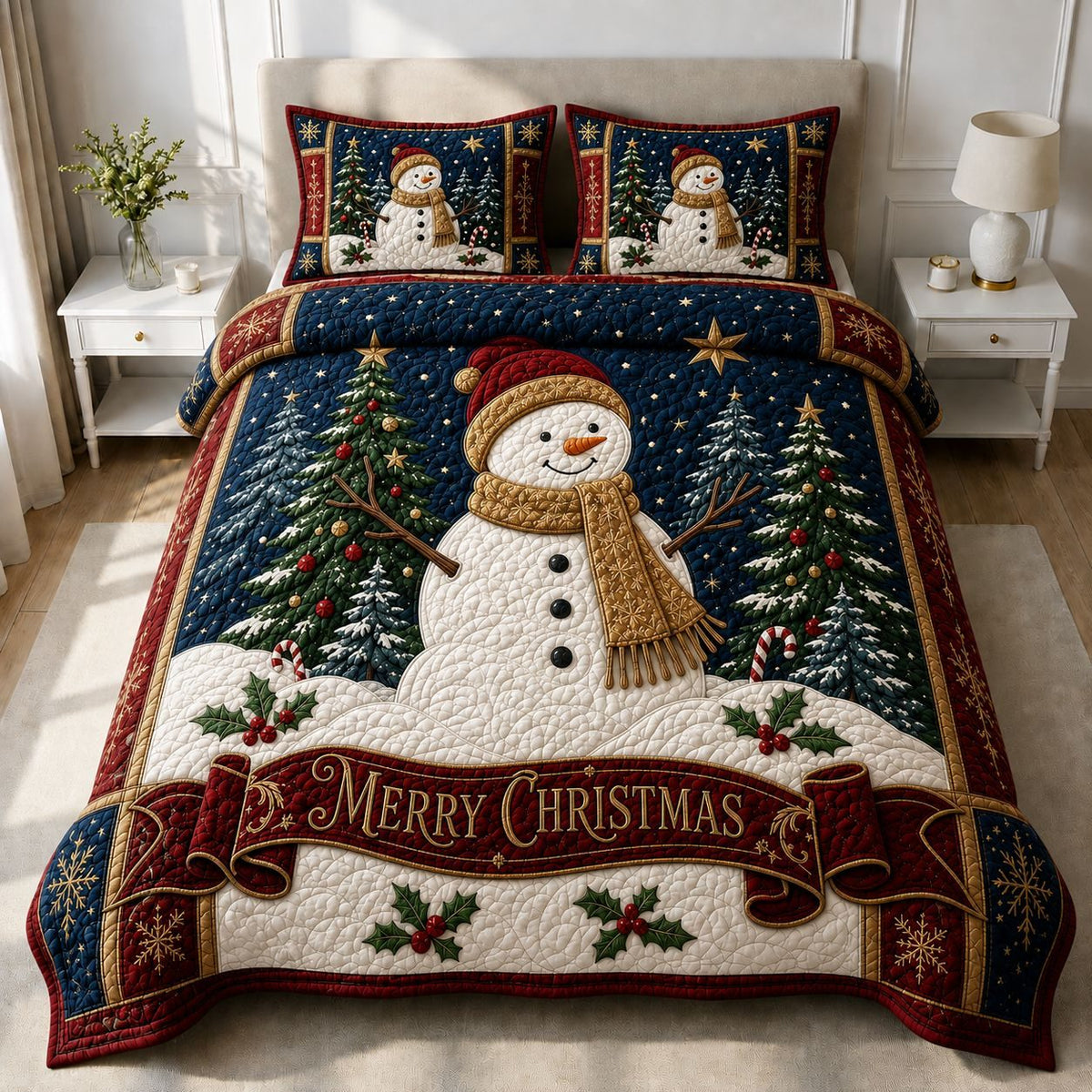 Frosty Wishes quilted 3-piece bedding set on a made bed in a winter-styled bedroom