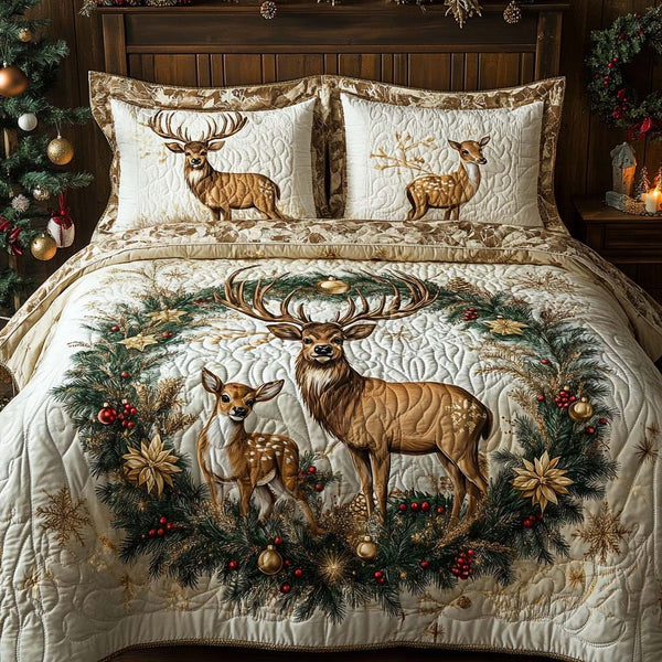 Frosty Woodland King quilted 3-piece bedding set on a made bed in a winter-styled bedroom