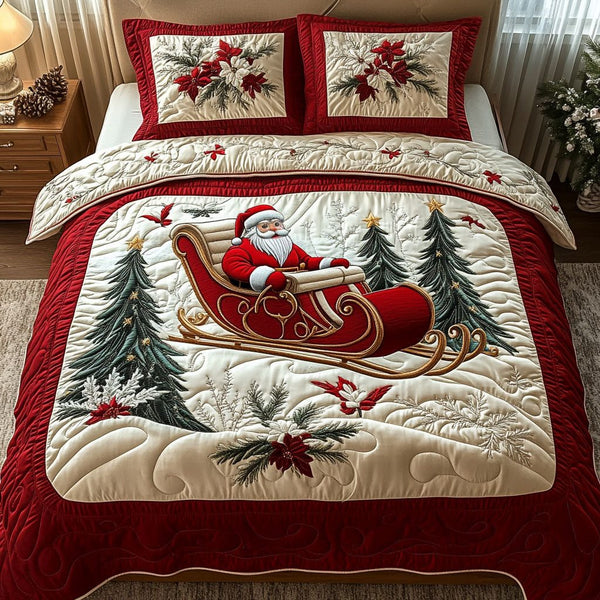 Frostys Enchanted Forest quilted 3-piece bedding set on a made bed in a winter-styled bedroom