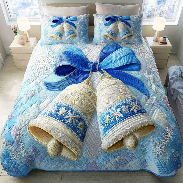 Frozen Chime Melody quilted 3-piece bedding set on a made bed with two matching pillow shams