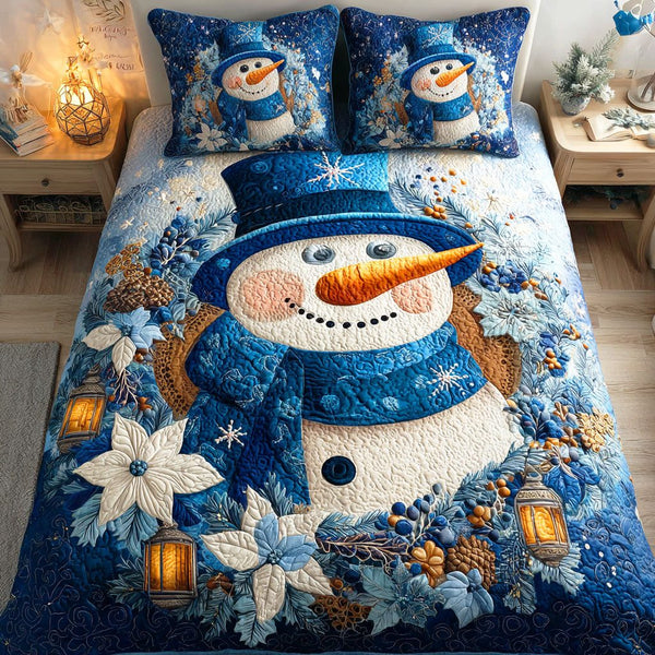 Frozen Christmas Dream quilted 3-piece bedding set on a made bed in a winter-styled bedroom