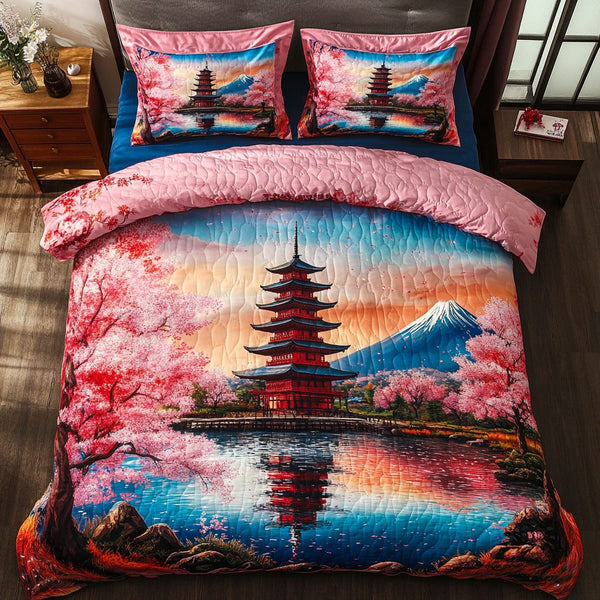 Fuji Harmony quilted 3-piece bedding set on a made bed with two matching pillow shams