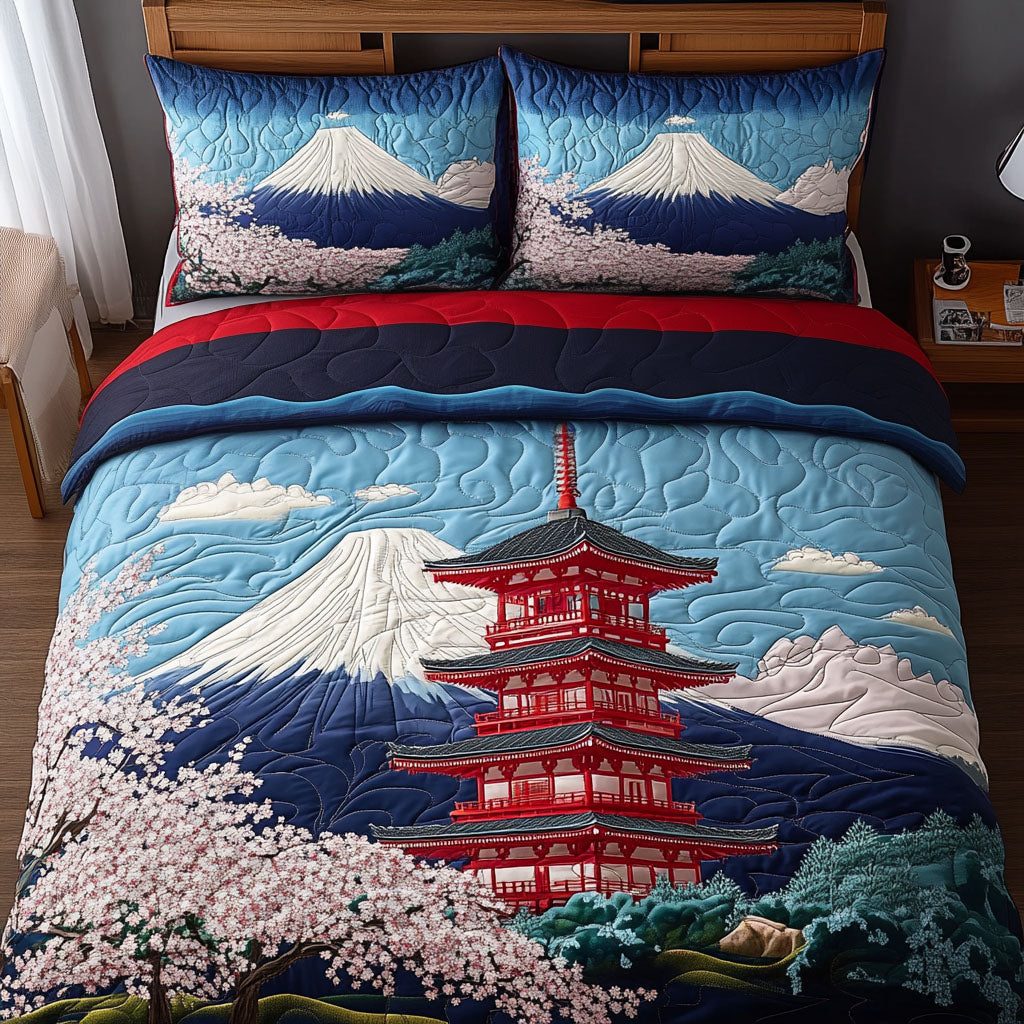 Fuji Serenity quilted 3-piece bedding set on a made bed with two matching pillow shams