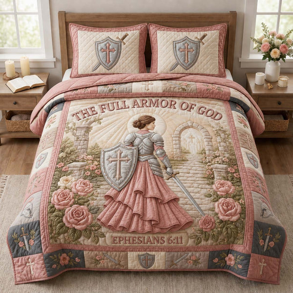 Full Armor Grace quilted 3-piece bedding set on a made bed with two matching pillow shams