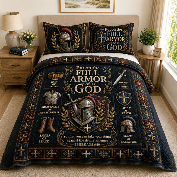 Full Armor Of God quilted 3-piece bedding set on a made bed in a softly lit bedroom