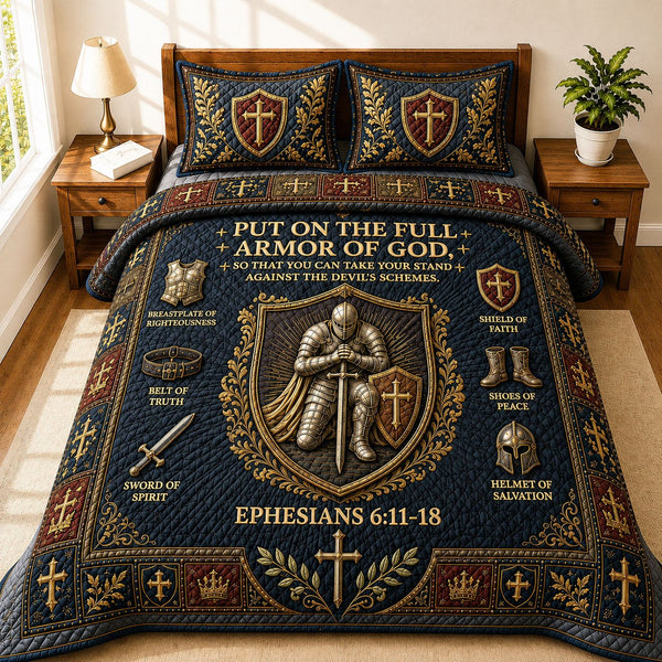 Full Armor Of God quilted 3-piece bedding set on a made bed in a softly lit bedroom