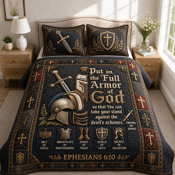 Full Armor Of God quilted 3-piece bedding set on a made bed in a softly lit bedroom