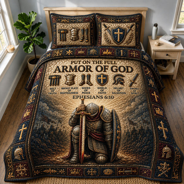 Full Armor Of God quilted 3-piece bedding set on a made bed in a softly lit bedroom