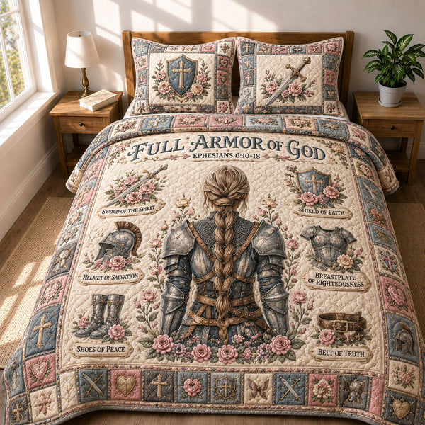 Full Armor Of God quilted 3-piece bedding set on a made bed in a softly lit bedroom