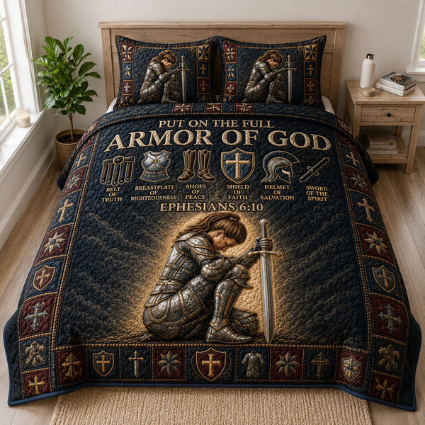 Full Armor Of God quilted 3-piece bedding set on a made bed in a softly lit bedroom
