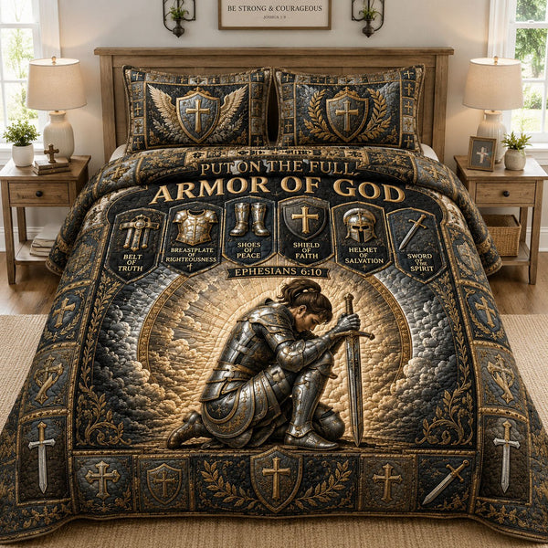 Full Armor Of God quilted 3-piece bedding set on a made bed in a softly lit bedroom