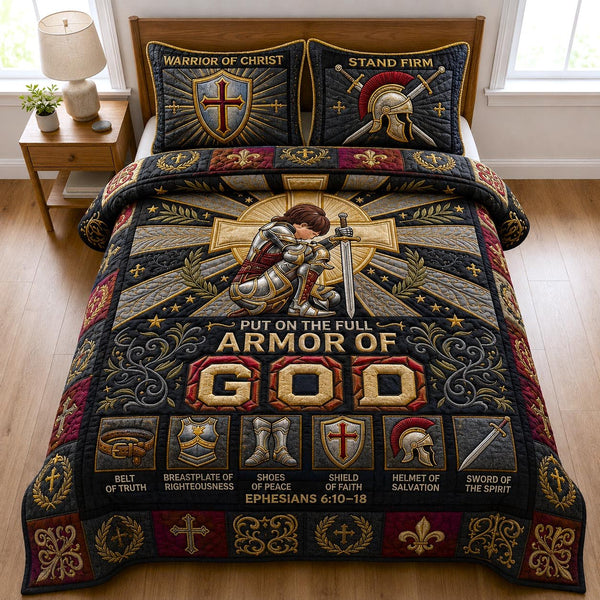Full Armor Of God quilted 3-piece bedding set on a made bed in a softly lit bedroom