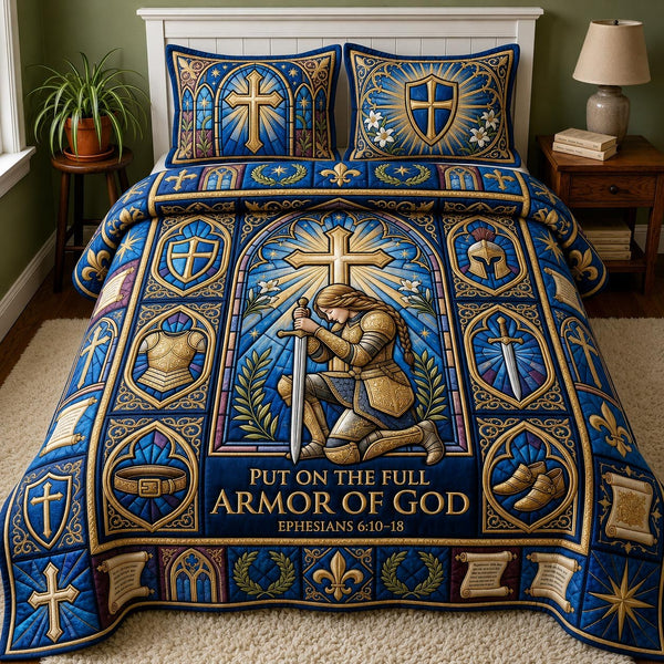Full Armor Of God quilted 3-piece bedding set on a made bed in a softly lit bedroom