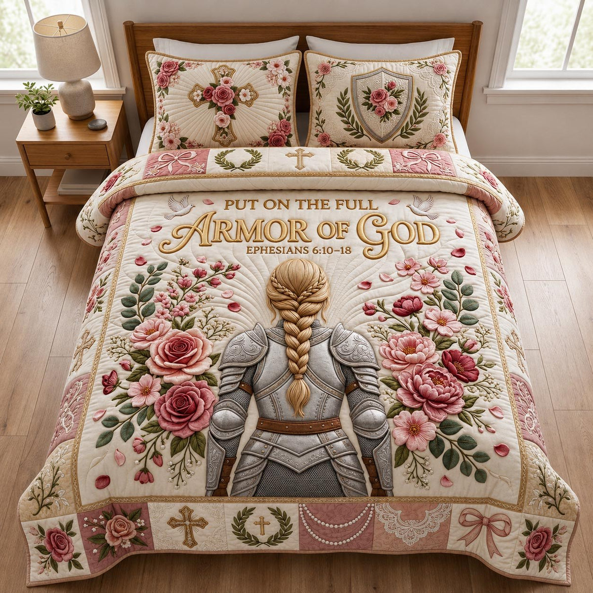 Full Armor Of God quilted 3-piece bedding set on a made bed in a softly lit bedroom