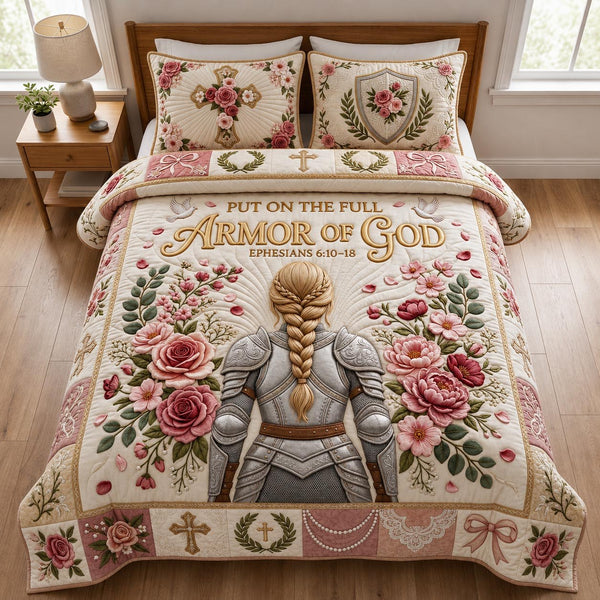 Full Armor Of God quilted 3-piece bedding set on a made bed in a softly lit bedroom