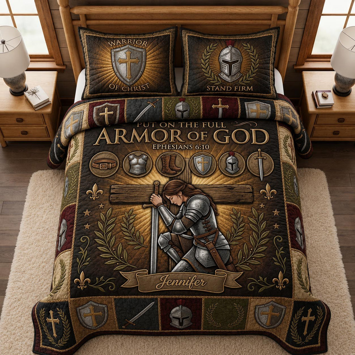 Full Armor Of God quilted 3-piece bedding set on a made bed in a softly lit bedroom