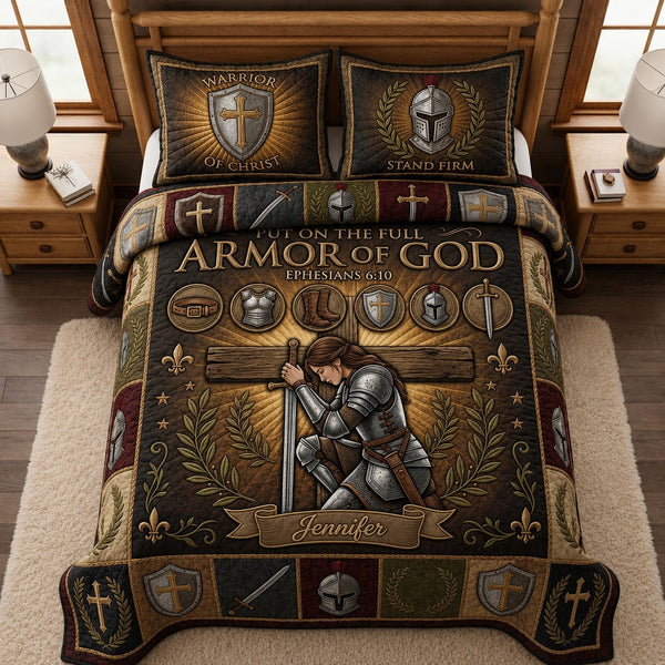 Full Armor Of God quilted 3-piece bedding set on a made bed in a softly lit bedroom