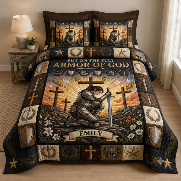 Full Armor Of God quilted 3-piece bedding set on a made bed in a softly lit bedroom