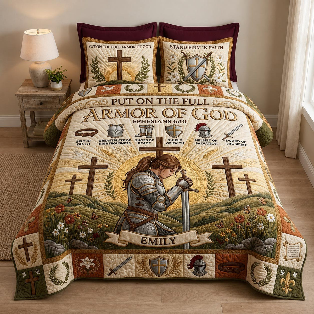 Full Armor Of God quilted 3-piece bedding set on a made bed in a softly lit bedroom