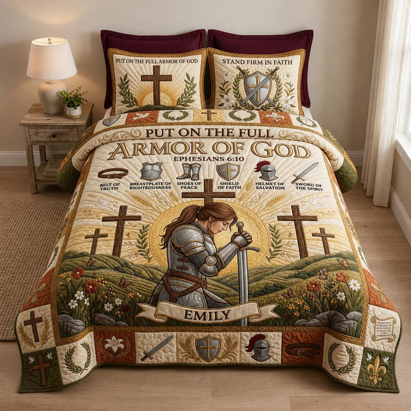 Full Armor Of God quilted 3-piece bedding set on a made bed in a softly lit bedroom