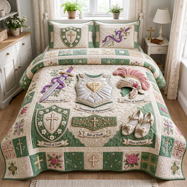 Full Armor Of God quilted 3-piece bedding set on a made bed in a softly lit bedroom