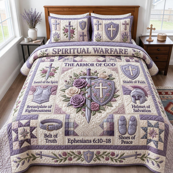 Full Armor Of God quilted 3-piece bedding set on a made bed in a softly lit bedroom