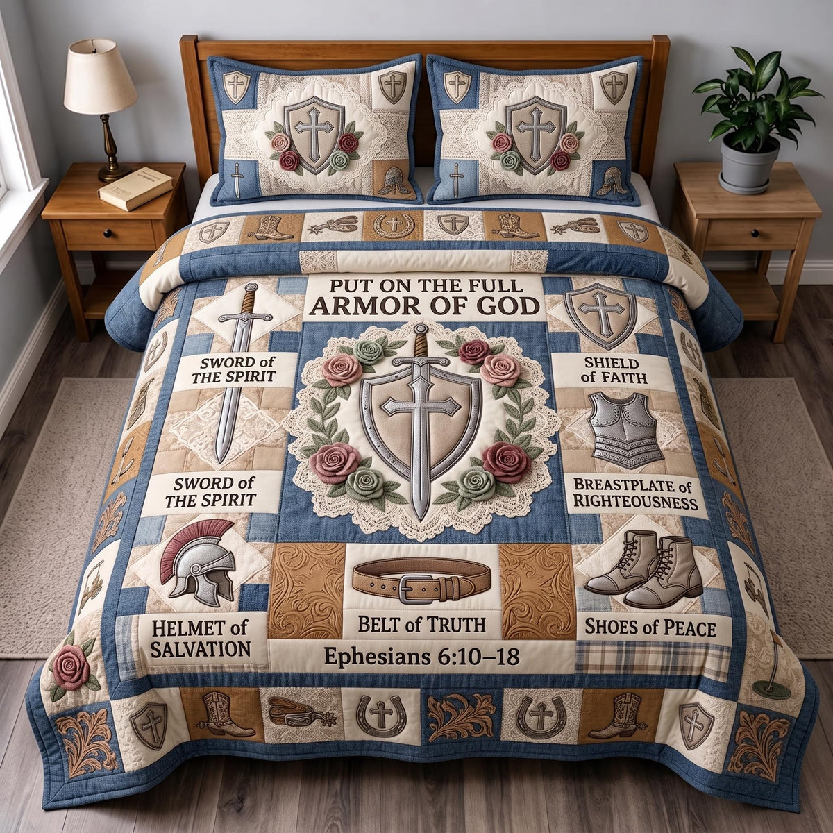 Full Armor Of God quilted 3-piece bedding set on a made bed in a softly lit bedroom