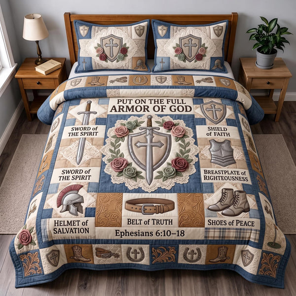 Full Armor Of God quilted 3-piece bedding set on a made bed in a softly lit bedroom
