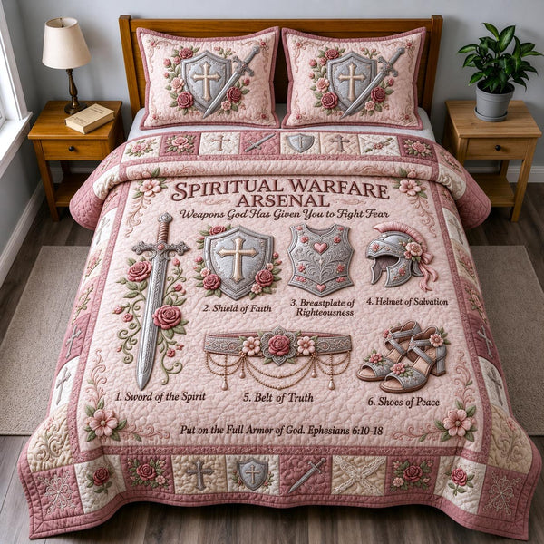 Full Armor Of God quilted 3-piece bedding set on a made bed in a softly lit bedroom