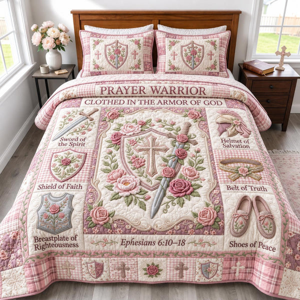 Full Armor Of God quilted 3-piece bedding set on a made bed in a softly lit bedroom