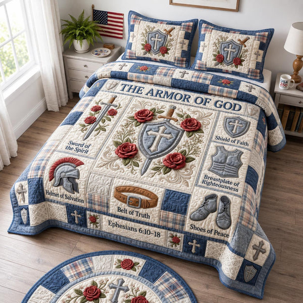 Full Armor Of God quilted 3-piece bedding set on a made bed in a softly lit bedroom