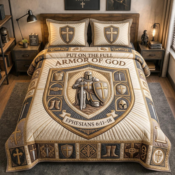 Full Armor Of God quilted 3-piece bedding set on a made bed in a softly lit bedroom