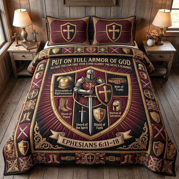 Full Armor Of God quilted 3-piece bedding set on a made bed in a softly lit bedroom