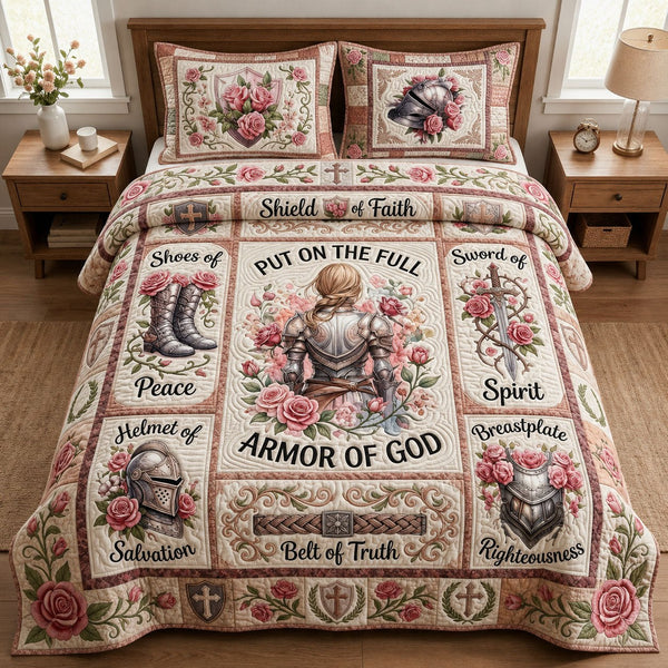 Full Armor Of God quilted 3-piece bedding set on a made bed in a softly lit bedroom
