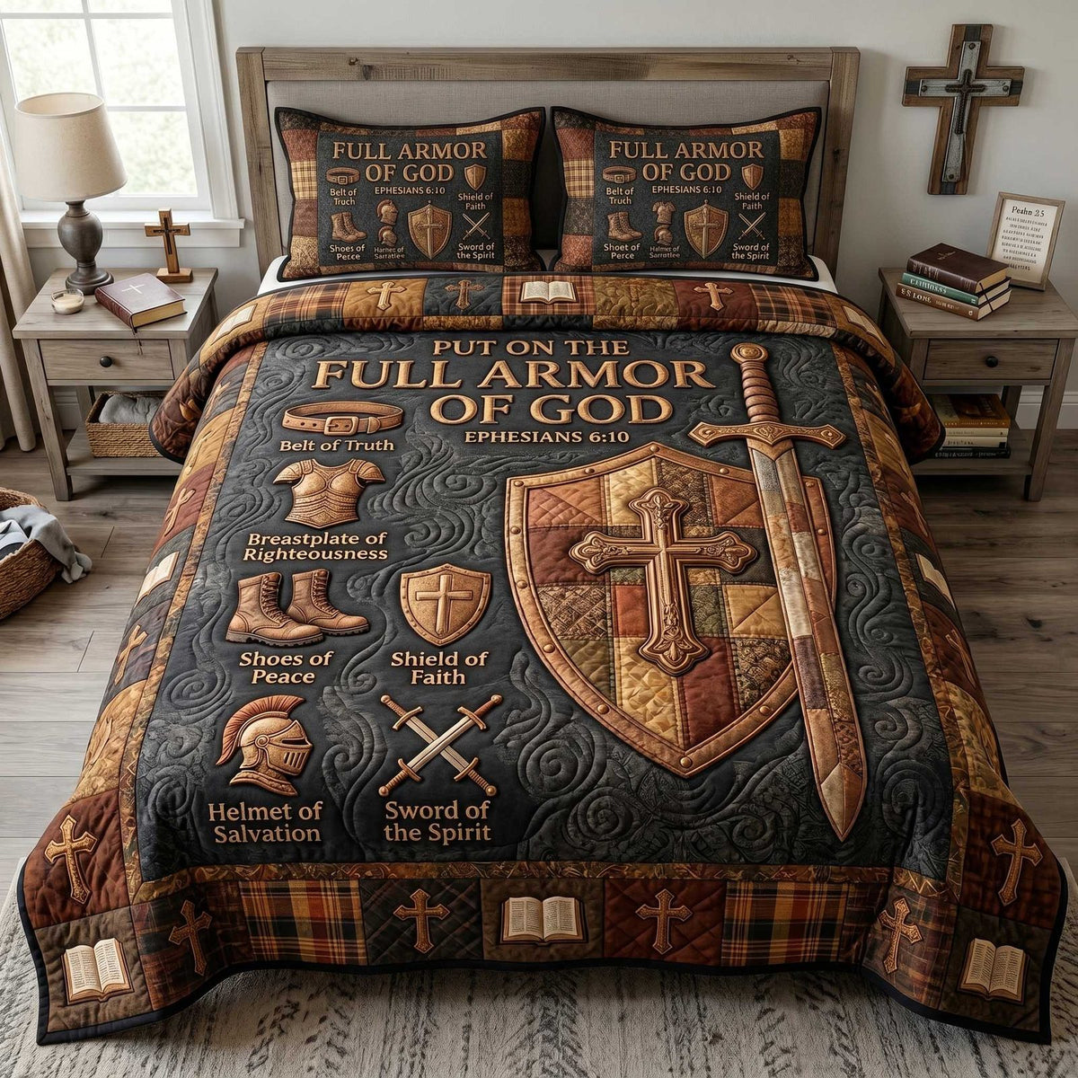Full Armor Of God quilted 3-piece bedding set on a made bed in a softly lit bedroom