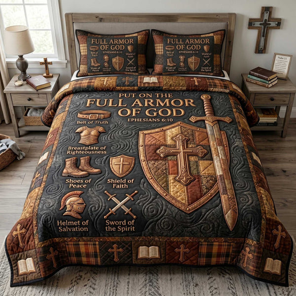 Full Armor Of God quilted 3-piece bedding set on a made bed in a softly lit bedroom