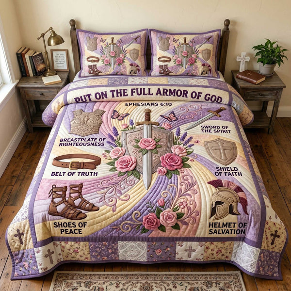 Full Armor Of God quilted 3-piece bedding set on a made bed in a softly lit bedroom