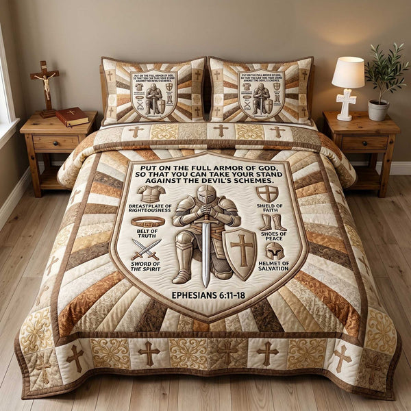 Full Armor Of God quilted 3-piece bedding set on a made bed in a softly lit bedroom
