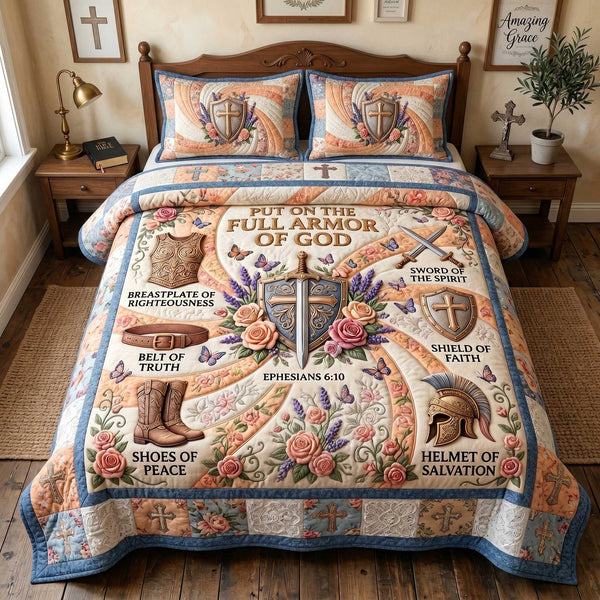 Full Armor Of God quilted 3-piece bedding set on a made bed in a softly lit bedroom