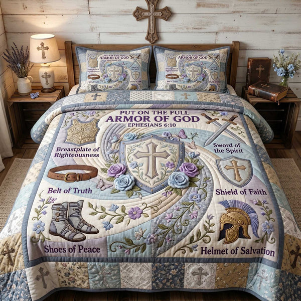 Full Armor Of God quilted 3-piece bedding set on a made bed in a softly lit bedroom