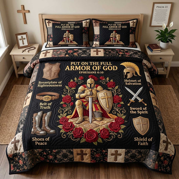 Full Armor Of God quilted 3-piece bedding set on a made bed in a softly lit bedroom
