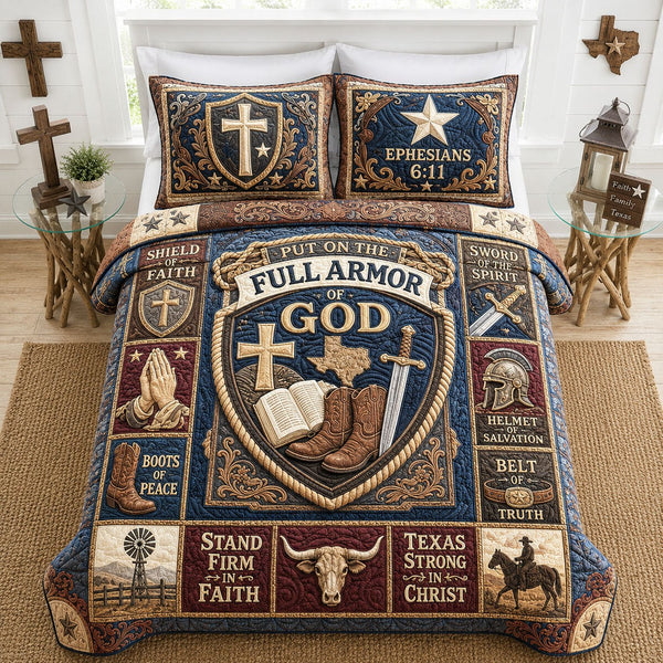 Full Armor Of God Texas Shield quilted 3-piece bedding set on a made bed in a softly lit bedroom