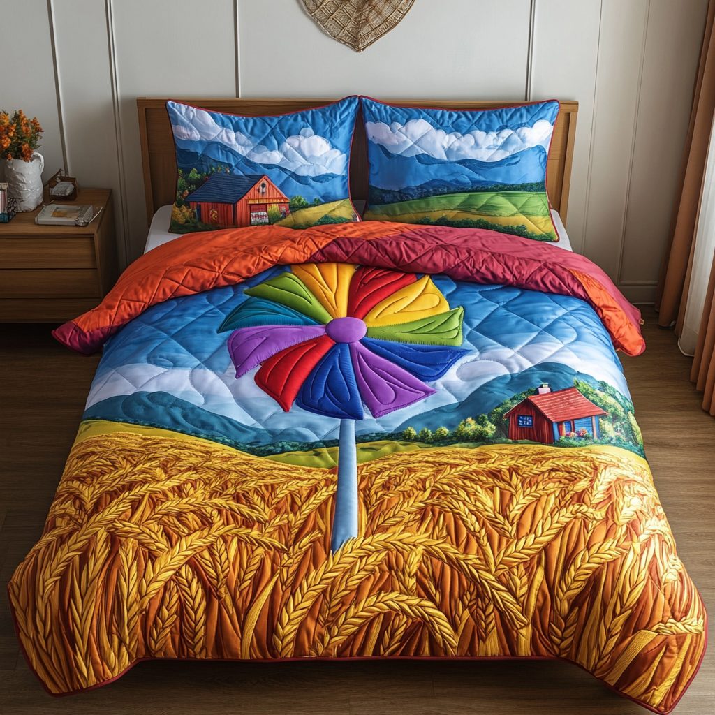 Fun Pinwheel quilted 3-piece bedding set on a made bed with two matching pillow shams